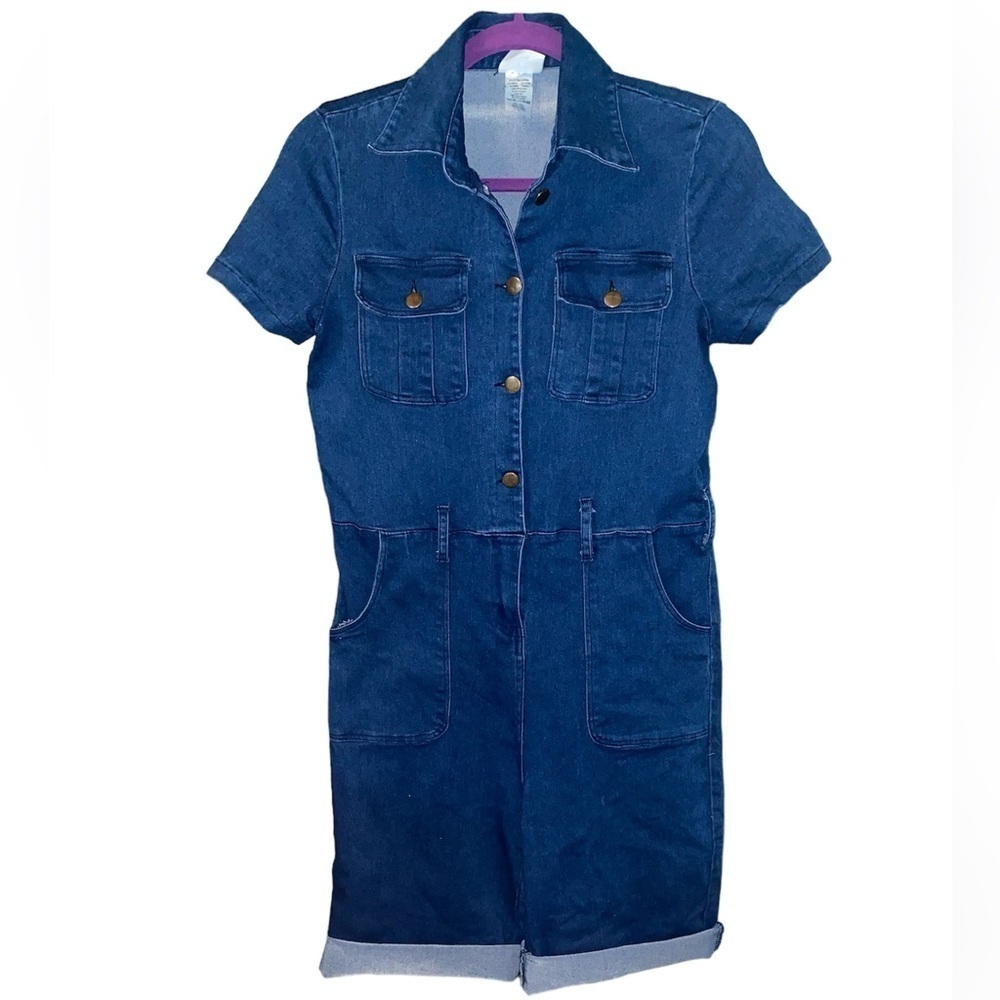 P.O.S.H. Denim Romper short sleeve rolled up leg cuffs button/zip pockets Sz S